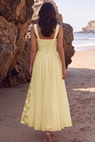 White A-Line Thick Straps Ruched Chiffon Midi Wedding Dress with Slit