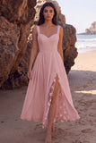 White A-Line Thick Straps Ruched Chiffon Midi Wedding Dress with Slit