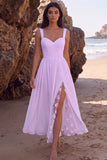 White A-Line Thick Straps Ruched Chiffon Midi Wedding Dress with Slit