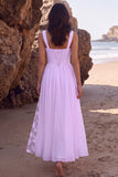 White A-Line Thick Straps Ruched Chiffon Midi Wedding Dress with Slit