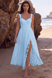 White A-Line Thick Straps Ruched Chiffon Midi Wedding Dress with Slit