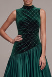 Dark Green A-Line Satin High Neck Cut Out Long Velvet Dress