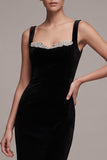 Black Sheath Sweetheart Long Velvet Dress with Rhinestone