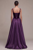 Plum A-Line Square Neck Satin Thick Straps Maxi Velvet Dress