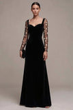 Black A-Line Sweetheart Long Sleeves Maxi Velvet Dress with Embroidery