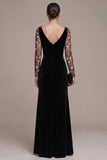 Black A-Line Sweetheart Long Sleeves Maxi Velvet Dress with Embroidery