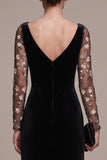 Black A-Line Sweetheart Long Sleeves Maxi Velvet Dress with Embroidery