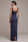 Dusty Blue Sheath Square Neck Rhinestone Appliques Long Velvet Dress with Beading