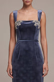 Dusty Blue Sheath Square Neck Rhinestone Appliques Long Velvet Dress with Beading