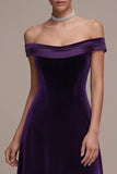 Plum Off the Shoulder A-Line Satin Maxi Velvet Dress