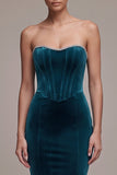 Peacock Blue Corset Mermaid Strapless Long Velvet Dress with Rhinestone