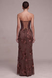 Coffee Corset Sheath Strapless Floral Appliques Maxi Formal Dress