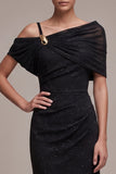 Black Sheath Asymmetrical Off the Shoulder Ruched Maxi Formal Dress