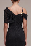 Black Sheath Asymmetrical Off the Shoulder Ruched Maxi Formal Dress