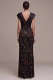 Black Sheath V-Neck Satin Printed Long Formal Dress