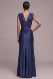 Navy Sheath V-Neck Ruched Long Formal Dress with Front Slit