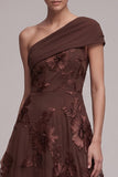 Coffee A-Line Asymmetrical One Shoulder Floral Appliques Maxi Formal Dress
