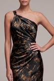 Black Sheath One Shoulder Ruched Printed Satin Maxi Formal Dress