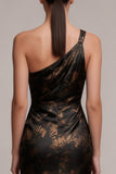 Black Sheath One Shoulder Ruched Printed Satin Maxi Formal Dress