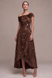 Coffee A-Line Asymmetrical One Shoulder Ruched High-Low Formal Dress with 3D Flower