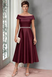Burgundy A-Line Satin Off the Shoulder Beaded Midi Mother of the Bride Dress
