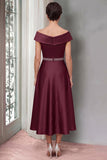 Burgundy A-Line Satin Off the Shoulder Beaded Midi Mother of the Bride Dress