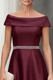 Burgundy A-Line Satin Off the Shoulder Beaded Midi Mother of the Bride Dress