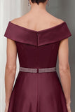 Burgundy A-Line Satin Off the Shoulder Beaded Midi Mother of the Bride Dress