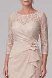 Champagne Floral Ruched Mermaid Lace Long Mother of the Bride Dress with Slit