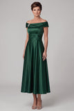 Dark Green Ruched A-Line Midi Satin Mother of the Bride Dress with Rhinestone