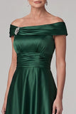 Dark Green Ruched A-Line Midi Satin Mother of the Bride Dress with Rhinestone