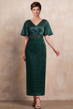 Dark Green Sheath V-Neck Floral Midi Mother of the Bride Dress with Sleeves