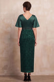 Dark Green Sheath V-Neck Floral Midi Mother of the Bride Dress with Sleeves