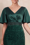 Dark Green Sheath V-Neck Floral Midi Mother of the Bride Dress with Sleeves
