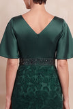 Dark Green Sheath V-Neck Floral Midi Mother of the Bride Dress with Sleeves