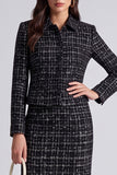 Black Two Piece Plaid Collar Long Sleeves Midi Work Dress