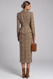Brown Two Piece Notched Lapel Single Breasted Midi Work Dress