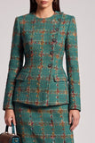 Green Plaid Two Piece Round Neck Midi Work Dress