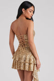Golden Strapless Bodycon Tiered Ruffled Sequins Short Cocktail Dress