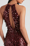 Burgundy Sequins Bodycon Halter Short Cocktail Dress with Fringes