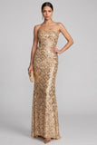 Sparkly Golden Sequins Strapless Mermaid Long Evening Dress