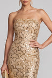 Sparkly Golden Sequins Strapless Mermaid Long Evening Dress