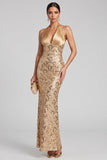 Sparkly Golden Mermaid Sequins Halter Ruched Long Evening Dress with Bow