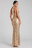 Sparkly Golden Mermaid Sequins Halter Ruched Long Evening Dress with Bow