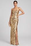 Sparkly Golden Mermaid Sequins Floral Long Evening Dress with Slit