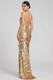 Sparkly Golden Mermaid Sequins Floral Long Evening Dress with Slit