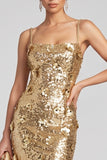 Sparkly Golden Mermaid Sequins Floral Long Evening Dress with Slit
