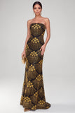 Sparkly Black Golden Mermaid Strapless Beaded Long Evening Dress