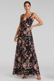 Sparkly Black Pink A-Line Sequins V-Neck Floral Long Evening Dress