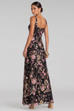 Sparkly Black Pink A-Line Sequins V-Neck Floral Long Evening Dress